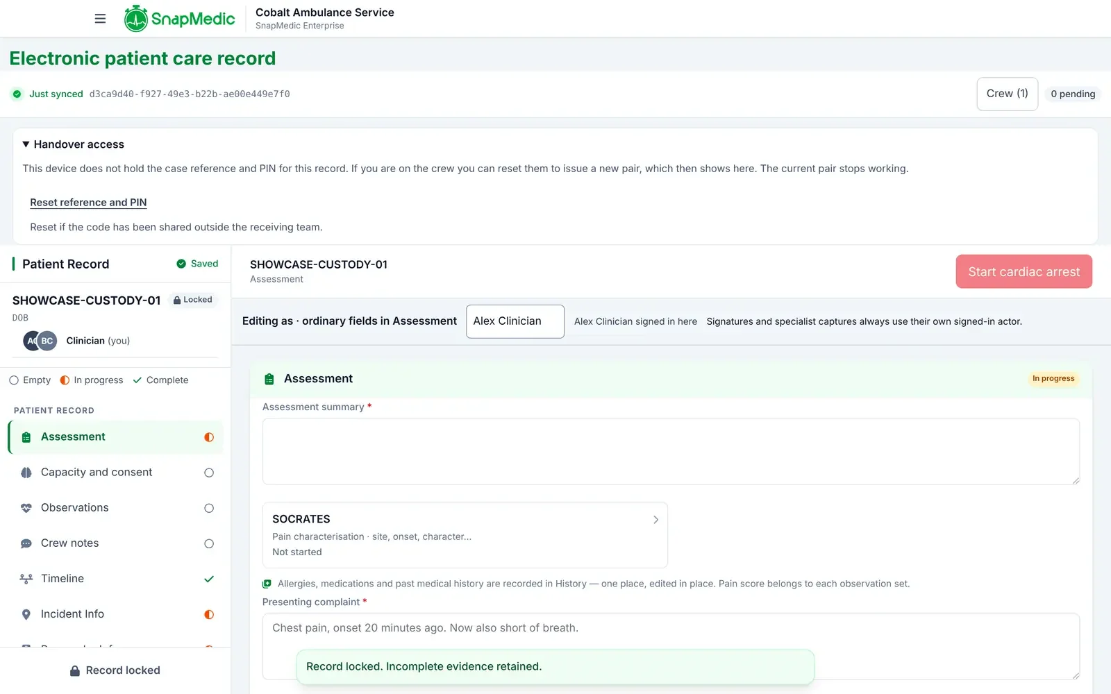 A locked ePCR record in the SnapMedic Enterprise app, showing the Locked status, the signed-in clinician and a banner saying the record is locked.