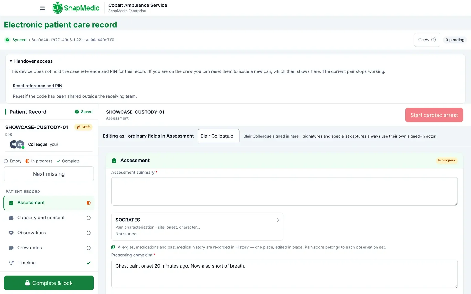 An ePCR draft record on desktop with the signed-in crew member named as the editor and a Complete and lock button.