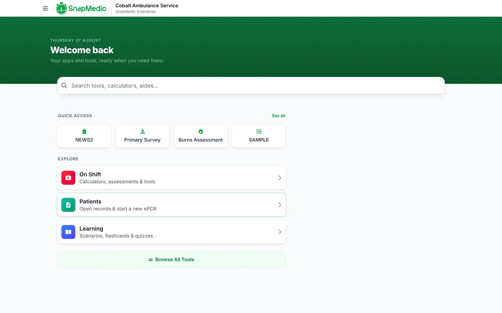 The SnapMedic Enterprise home screen for an organisation, with On Shift, Patients and Learning areas and a quick access row.