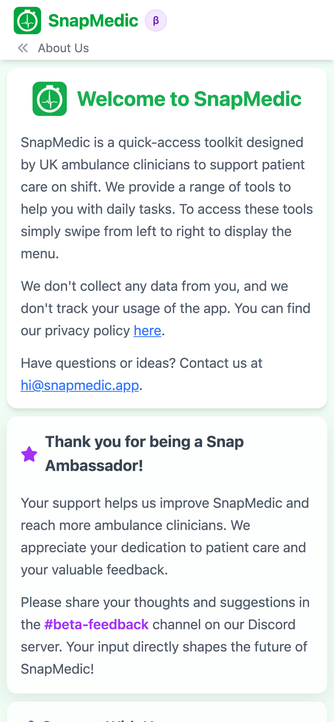 SnapMedic app screenshot showing medical tools interface