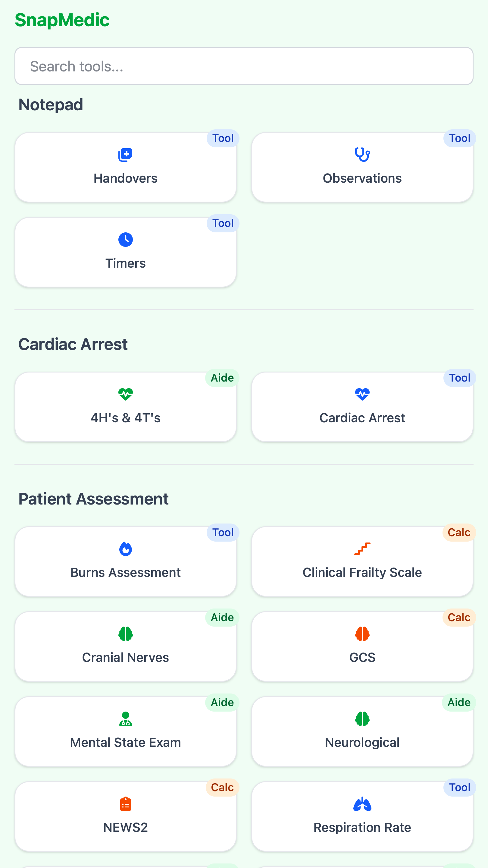 SnapMedic app screenshot showing medical tools interface