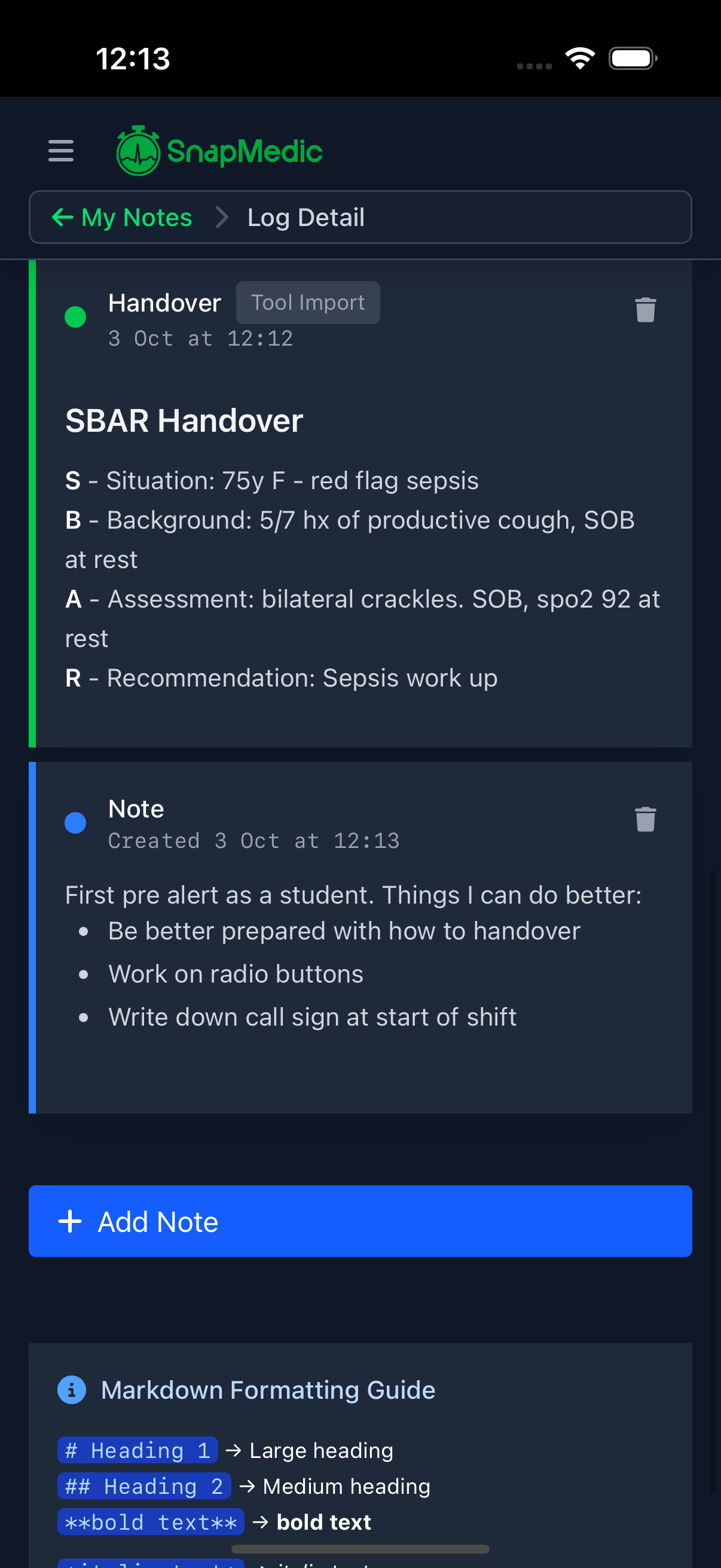 My Notes interface showing note management
