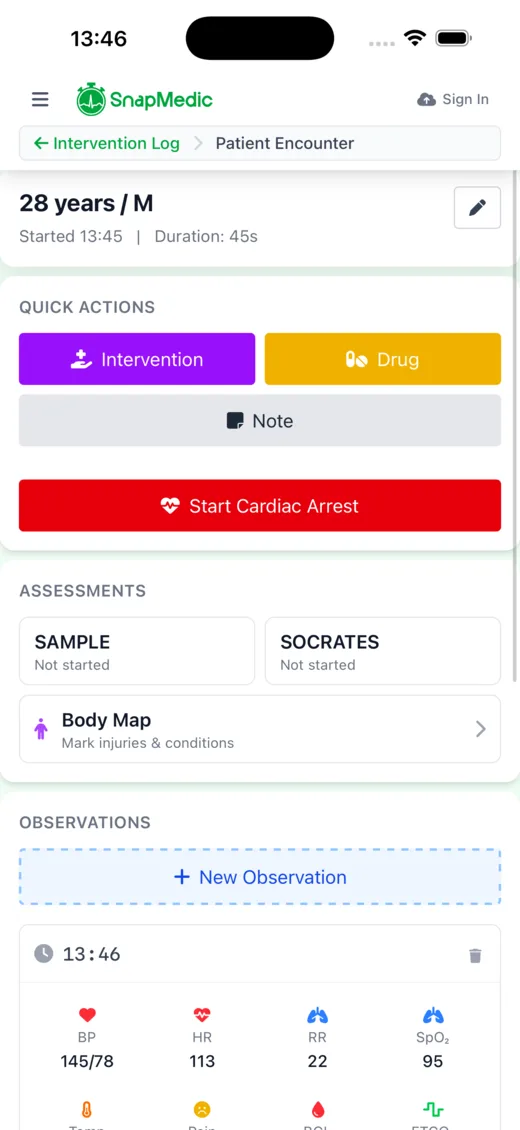 SnapMedic intervention log with example encounter details