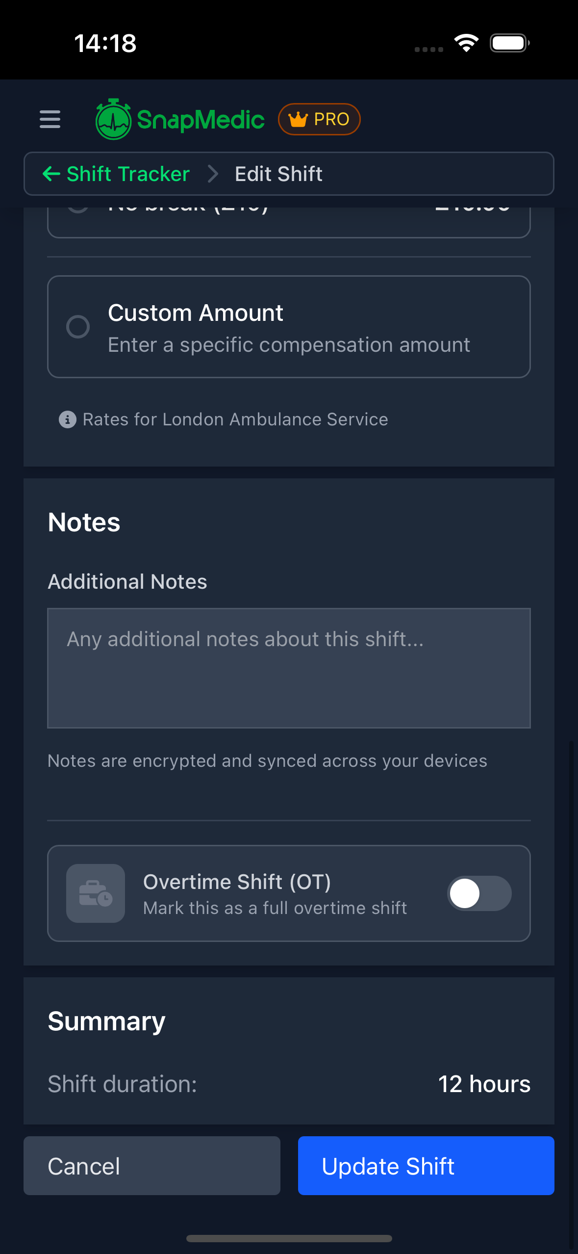 Edit Shift with Overtime and Notes