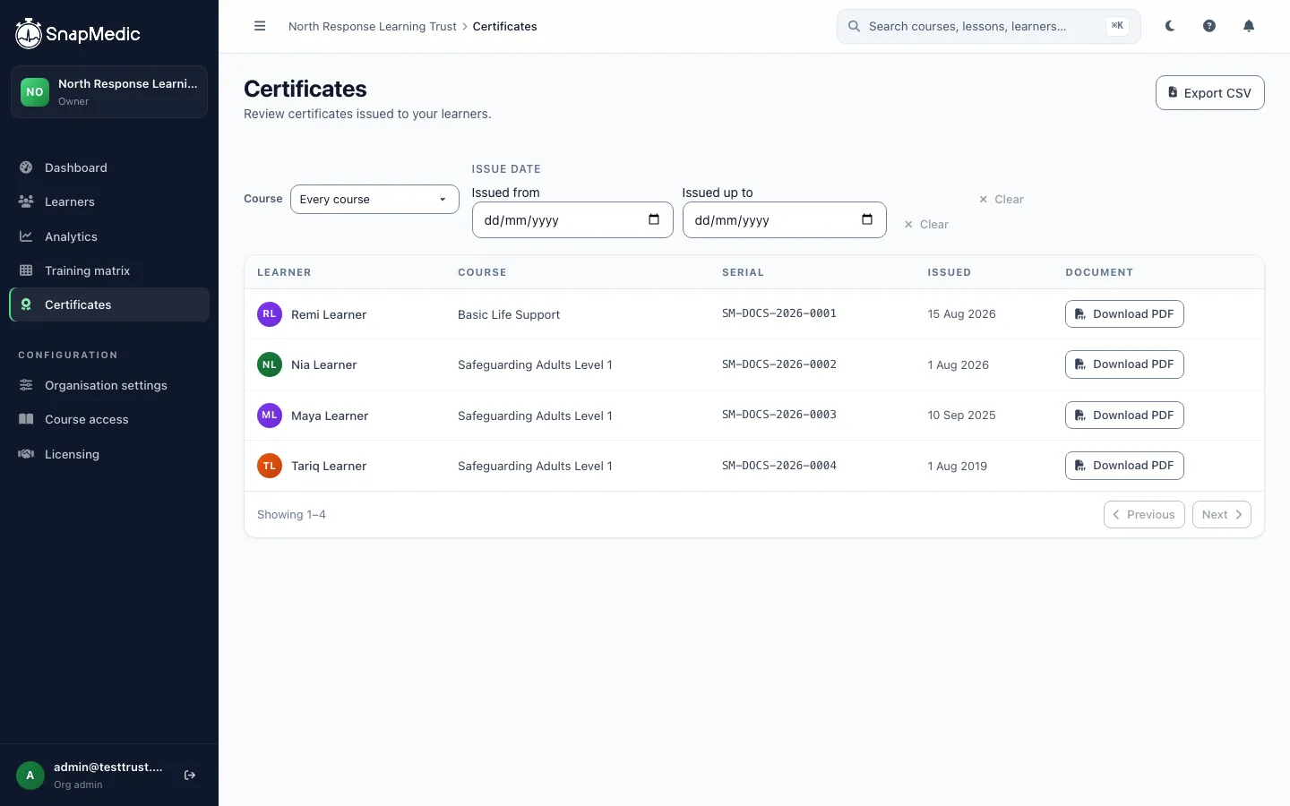 The Team Console certificate register listing issued certificates by learner, course, serial number and issue date, each with a download-PDF action, filterable by course and issue date.