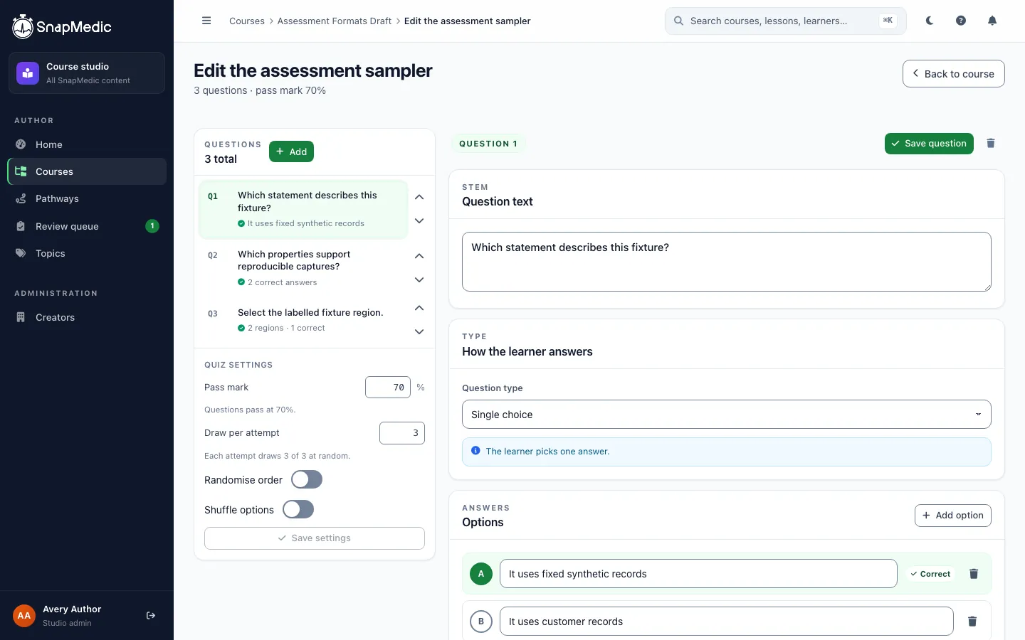 The Course Studio quiz builder showing a question list, the question stem, the answer type and the answer options with the correct one marked, alongside pass mark and shuffle settings.