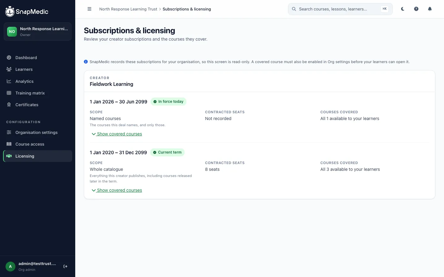 The Team Console licensing screen showing creator subscription terms with their date range, scope, contracted seats and the courses each term covers.