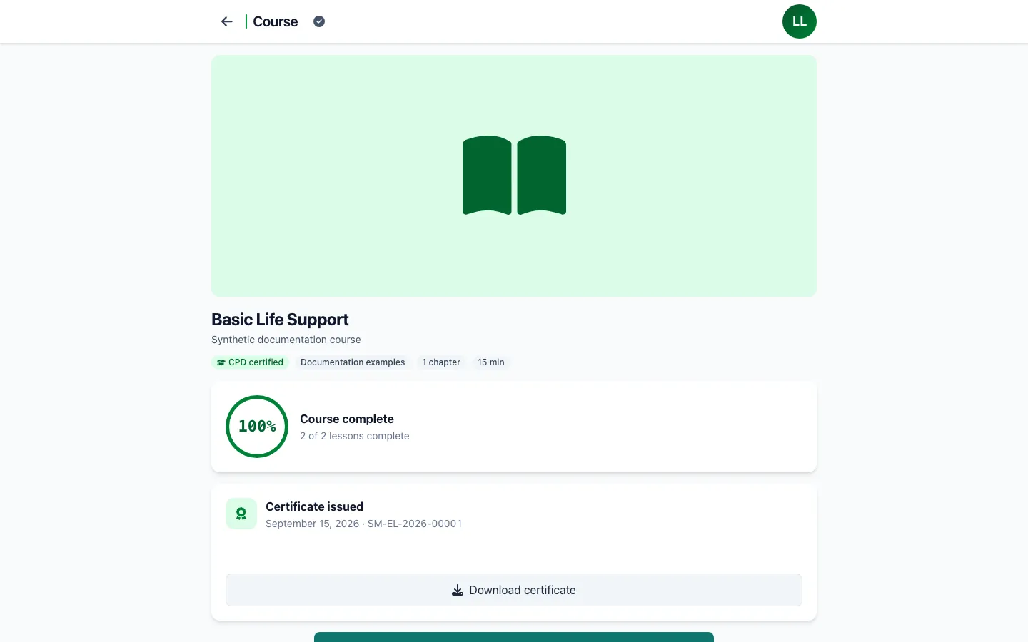 A completed SnapMedic Learning course showing one hundred per cent progress and an issued certificate with its serial number and a download action.
