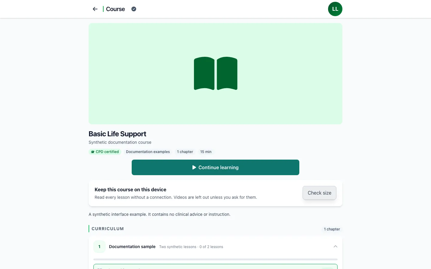A SnapMedic Learning course page showing the course title, estimated duration, a continue-learning action, an offline download option and the chapter list.