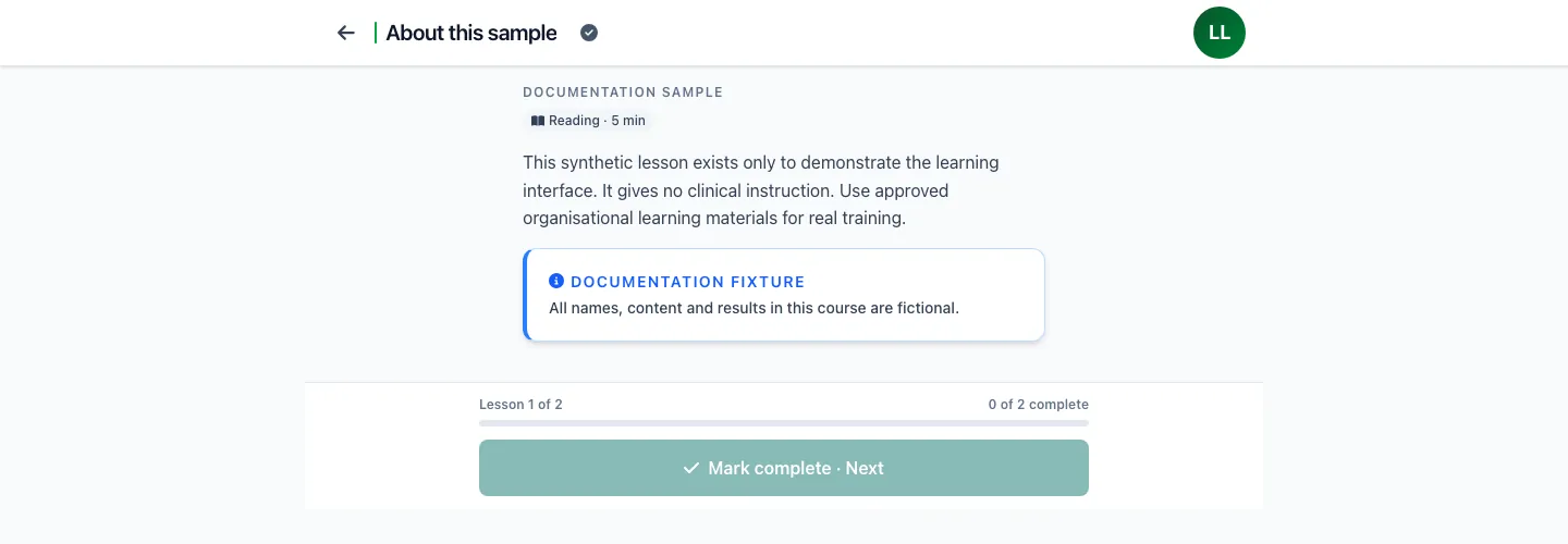 A SnapMedic Learning lesson read to the end, showing the reading time, lesson progress and an enabled “Mark complete · Next” action.