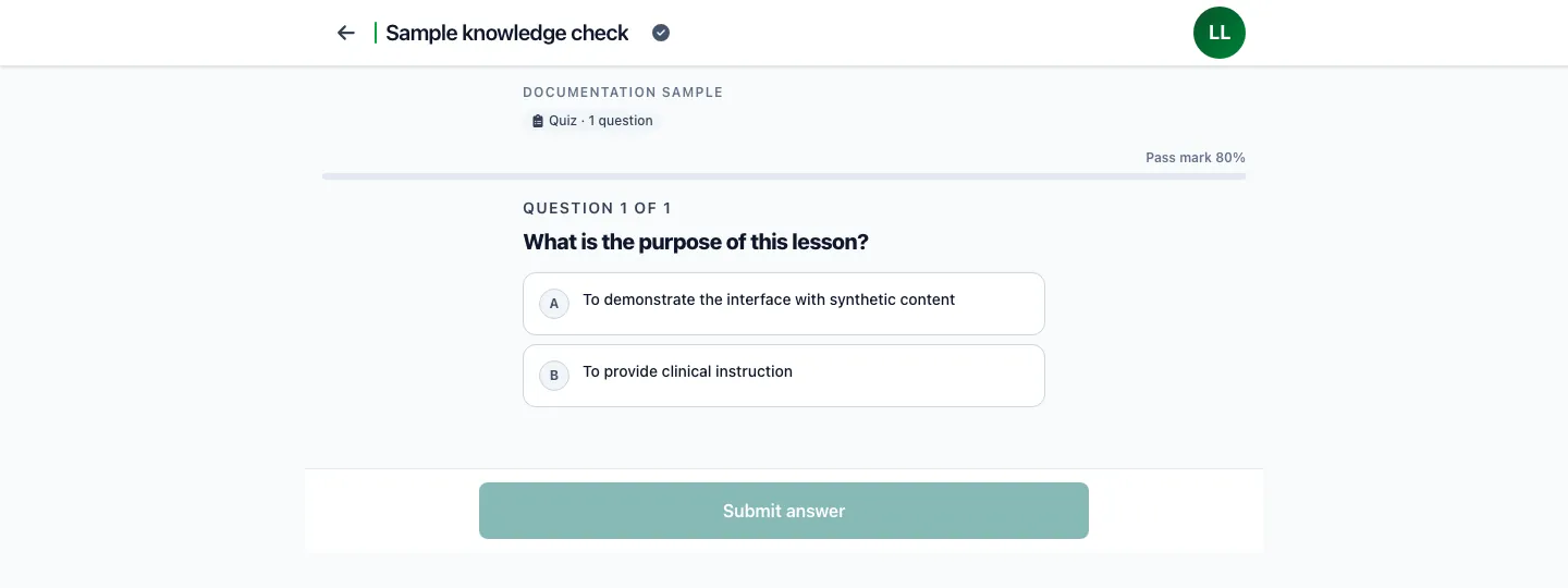 A SnapMedic Learning quiz question with two answer options and the pass mark shown above the progress bar.