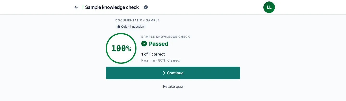 A passed SnapMedic Learning knowledge check showing 100 per cent, one of one correct, against an eighty per cent pass mark.