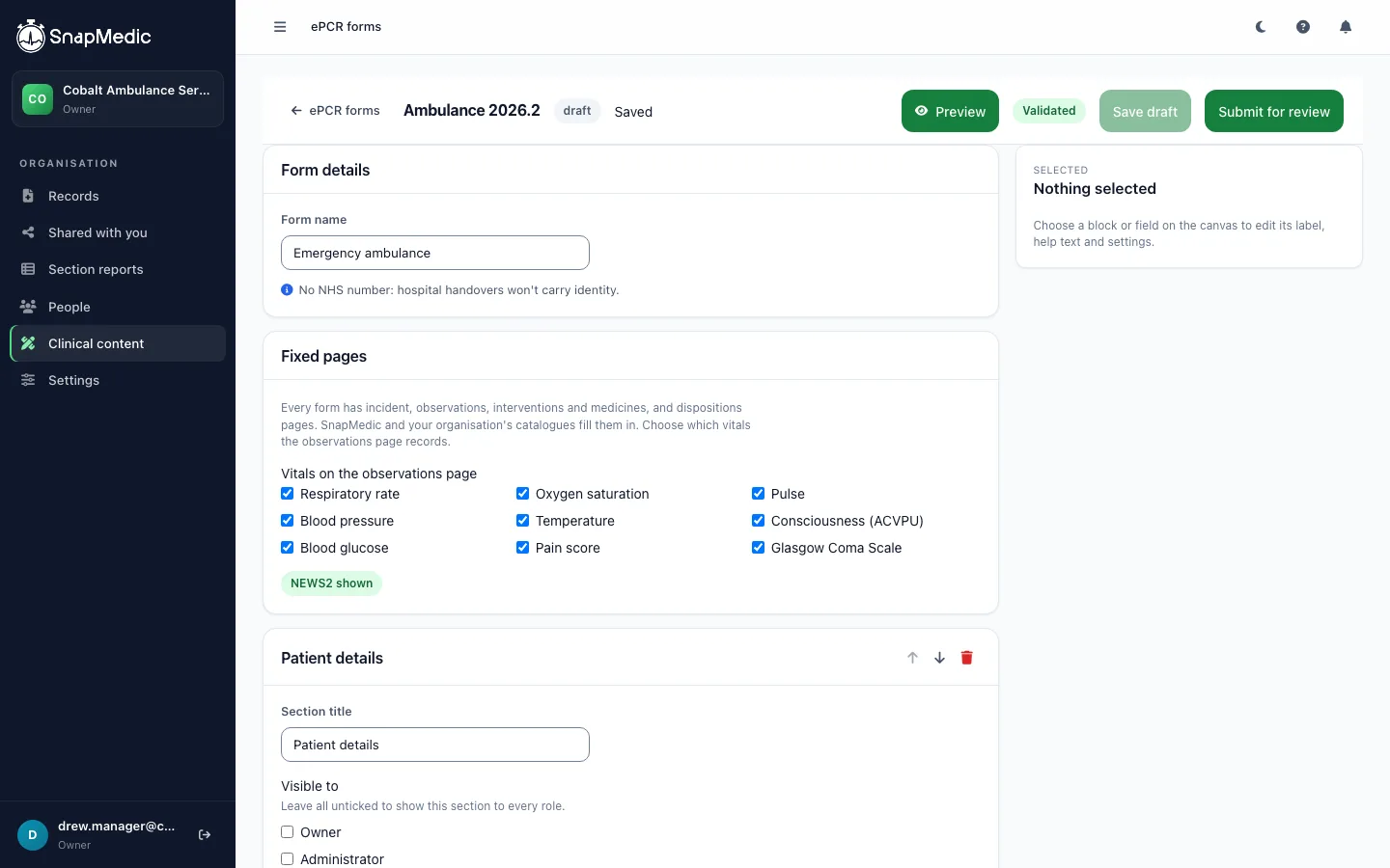 Console form editor for a draft of the Emergency ambulance form showing form details, fixed pages with vital signs checkboxes, and the Patient details section.