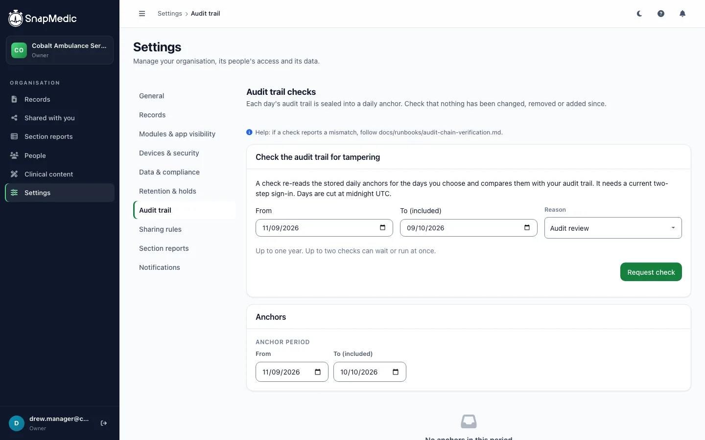 Audit trail checks page with a date range and reason for checking the audit trail for tampering.
