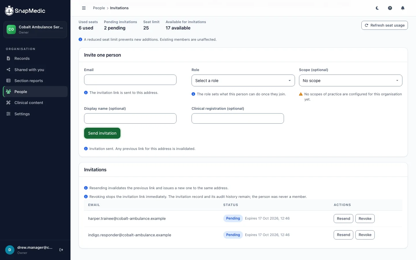 People invitations page showing used seats, two pending invitations, a 25-seat limit and 17 available.