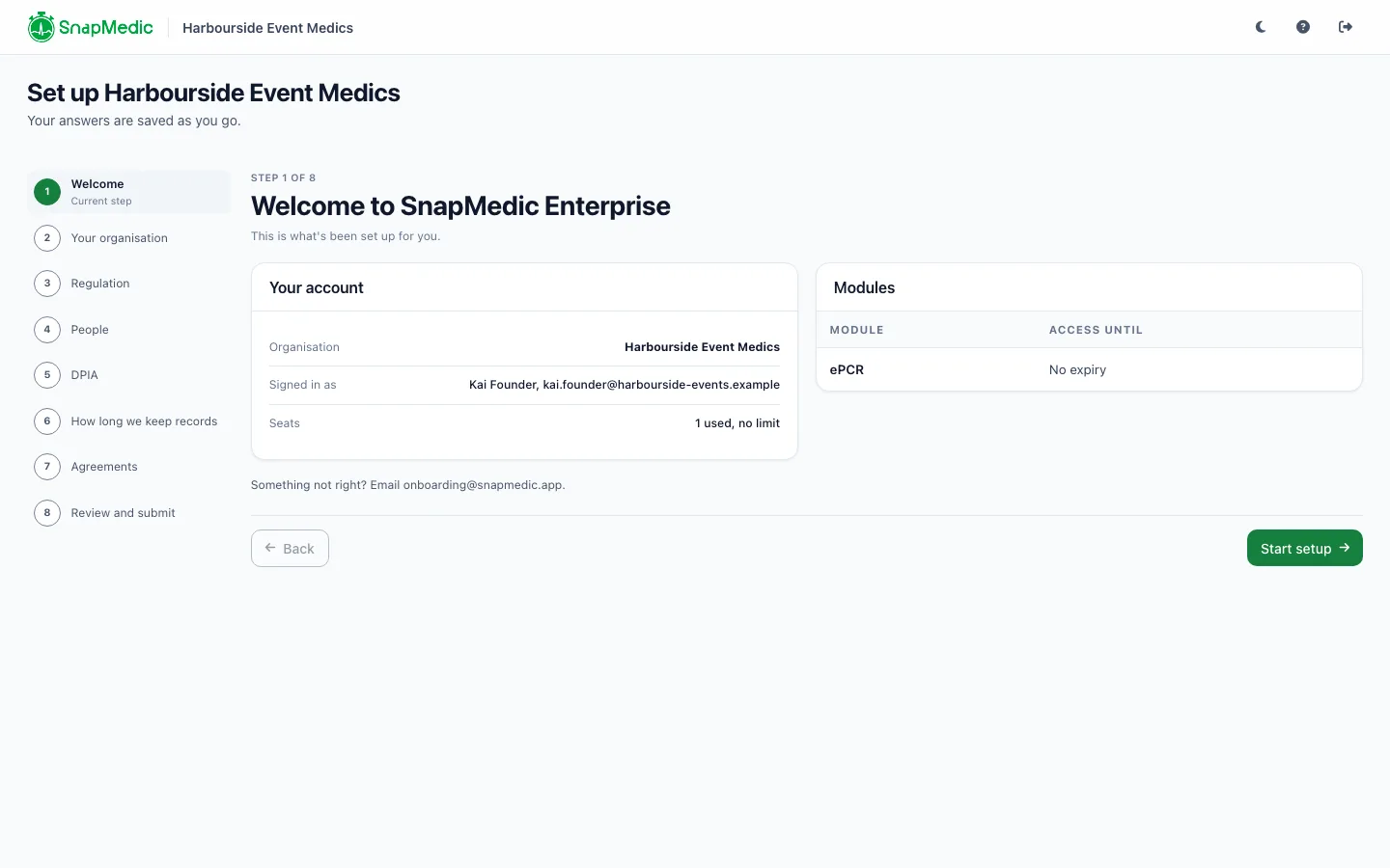 Setup wizard step 1 of 8, Welcome to SnapMedic Enterprise, with the eight setup steps listed.