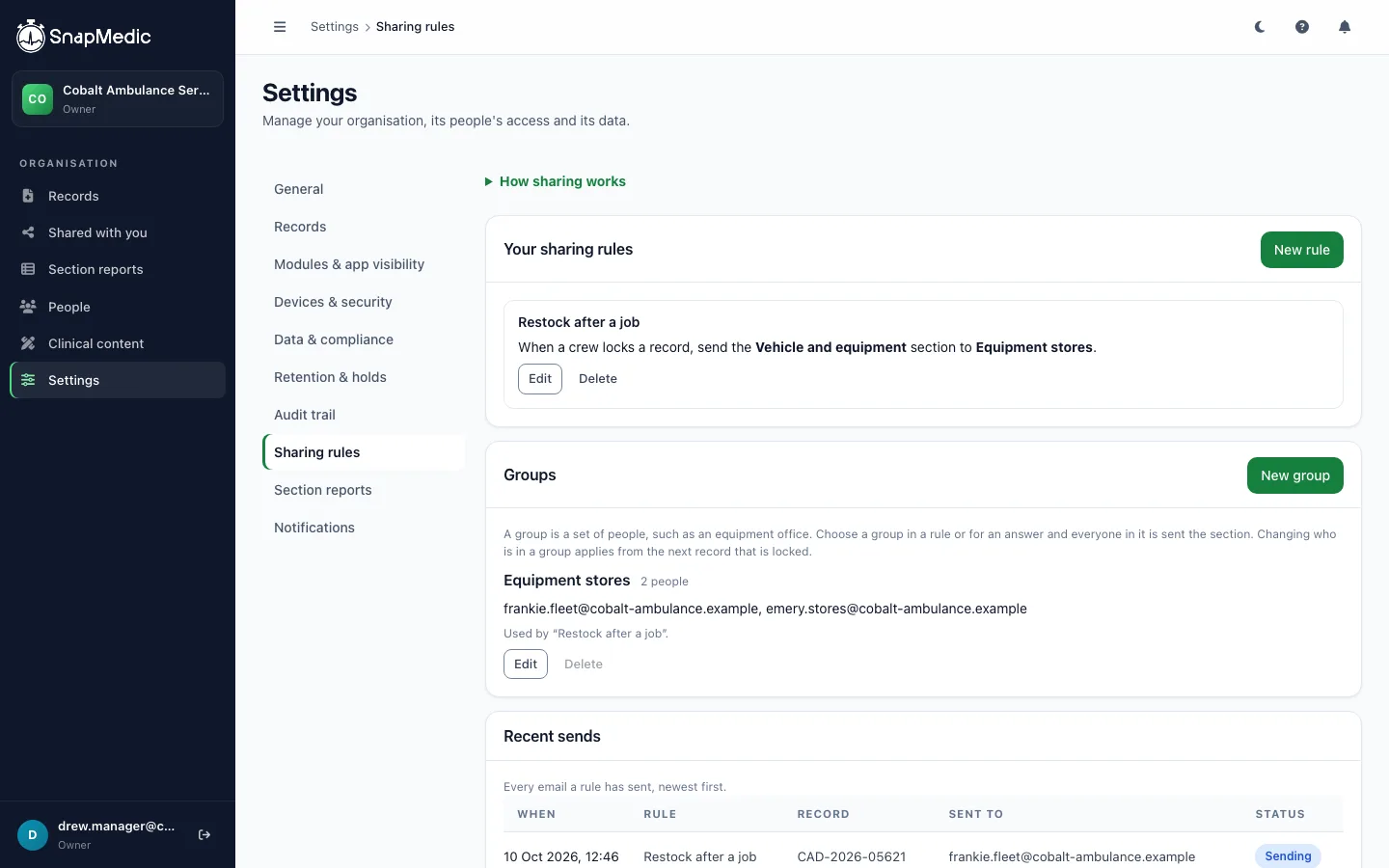 Sharing settings with the rule Restock after a job sending the Vehicle and equipment section to the Equipment stores group when a record is locked.