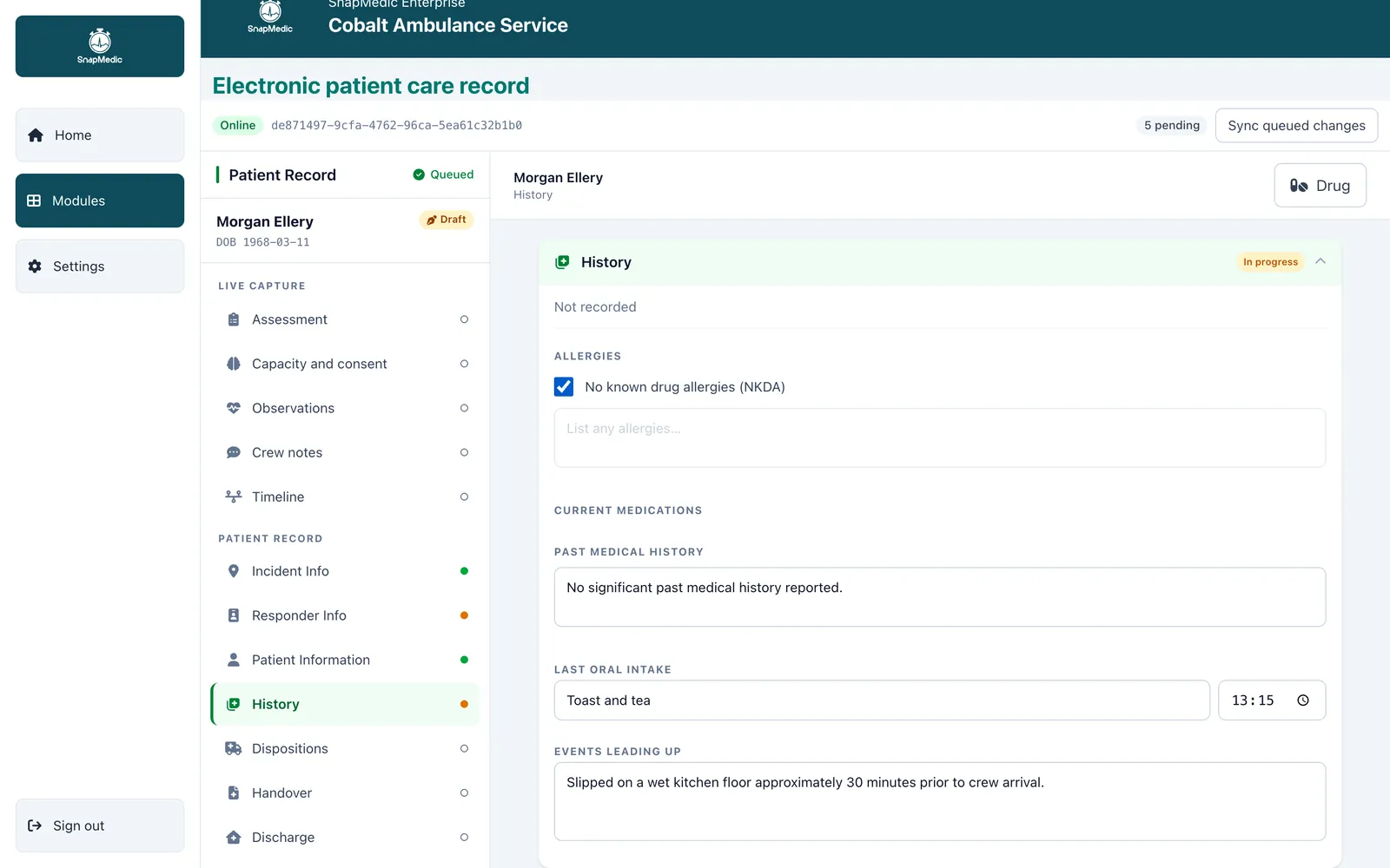 The History section of an ePCR, recording allergy status, past medical history, last oral intake and the events leading to the call.