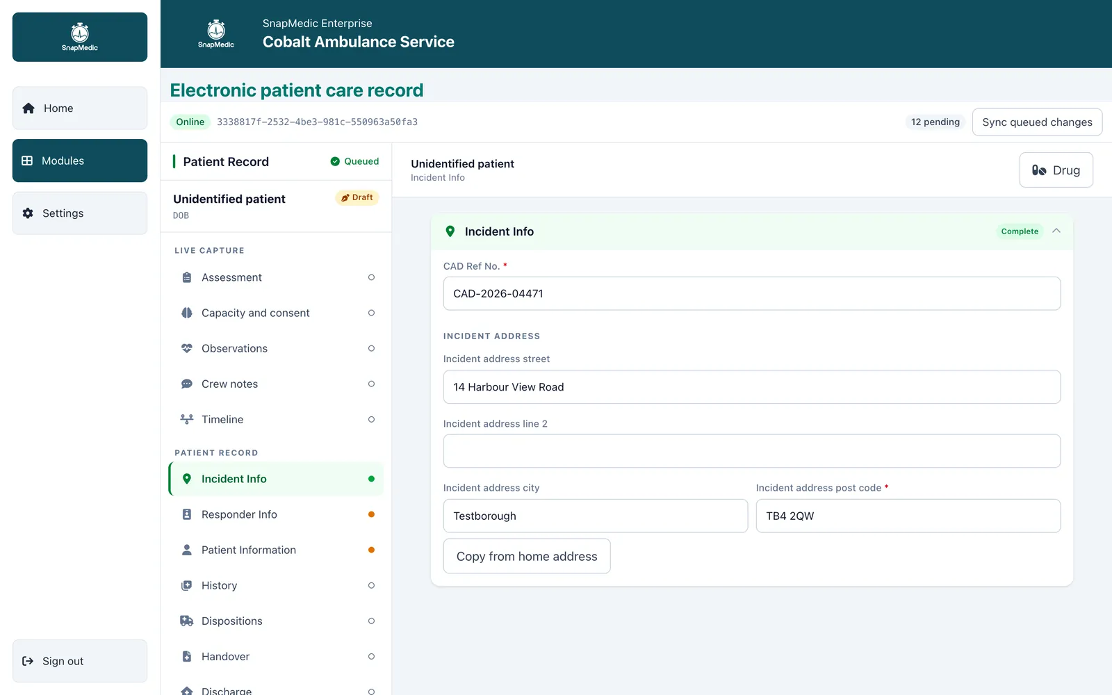 An ePCR draft open at Incident Info, with the CAD reference and incident address recorded and the section marked complete. The sidebar shows each record section with its completion state.