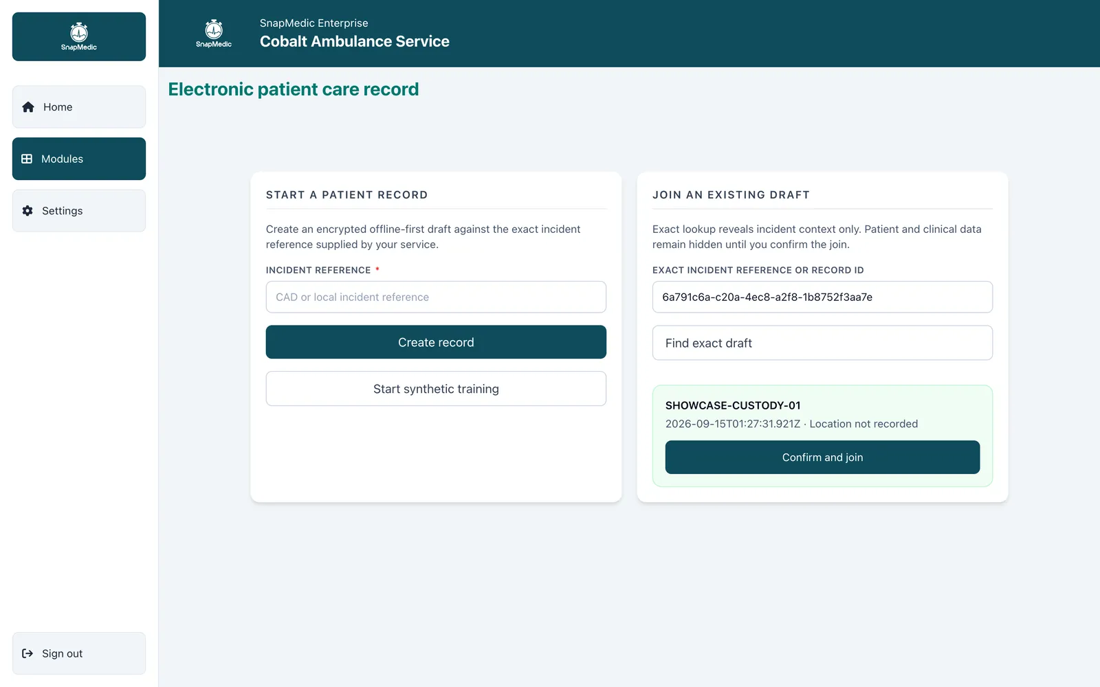 The ePCR entry screen with two panels: start a patient record against an incident reference, or join an existing draft by exact reference, showing an incident matched and awaiting confirmation.