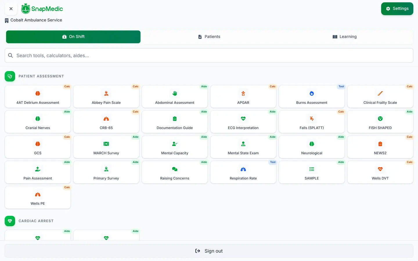 The SnapMedic Enterprise menu for an ambulance service, with On Shift, Patients and Learning sections, a search bar and the clinical tools the organisation has switched on shown as cards, such as NEWS2, GCS, Primary Survey and Burns Assessment.