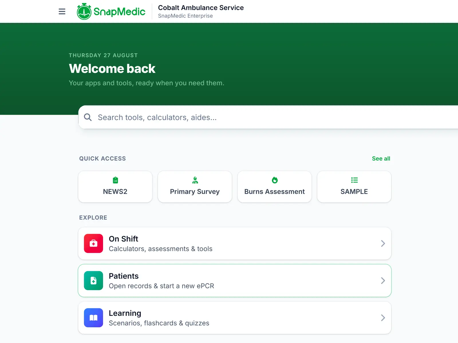 The SnapMedic Enterprise home screen for an ambulance service, carrying the organisation’s name in the header with a search bar, quick-access tools and cards for On Shift tools, Patients (open records and start a new ePCR) and Learning.